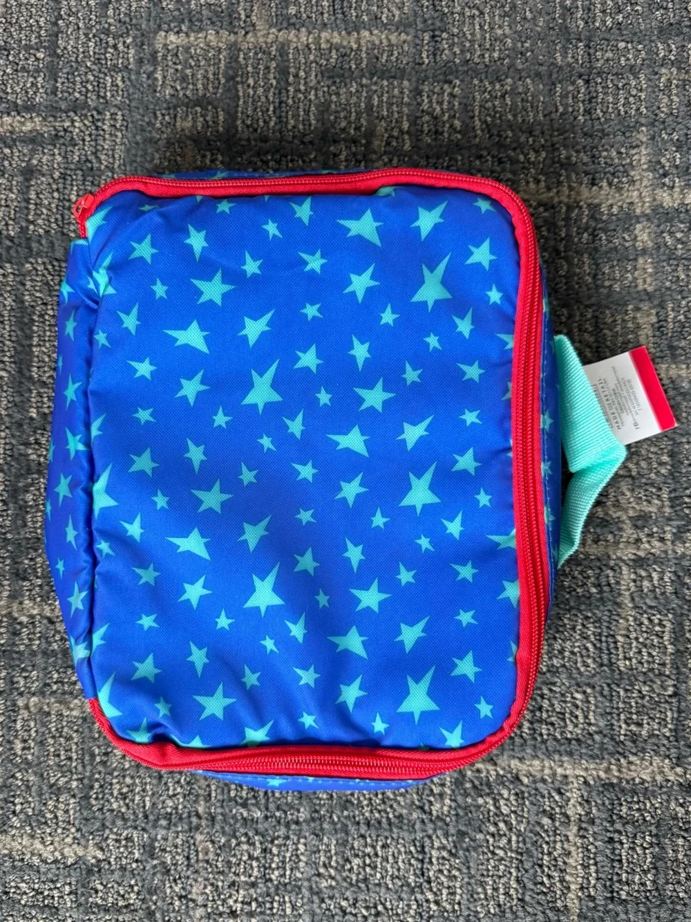 Kids Insulated Lunch Tote Blue Aqua Star Print Red Zip School Snack Bag O/S